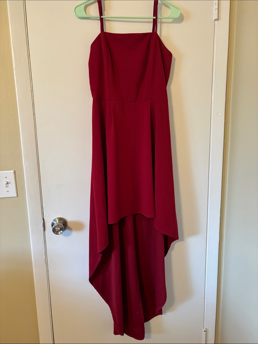 Crystal Doll High-Low Spaghetti Strap Dress in Wine Red